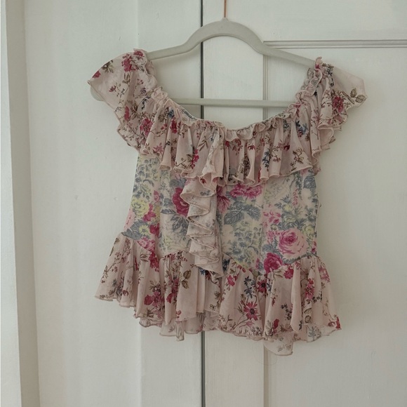 Anthropologie Tops - Anthropologie Floral Ruffle Blouse in Pink and ivory